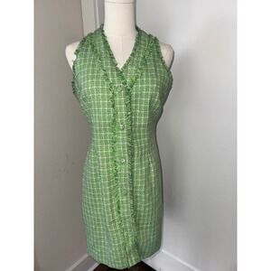 LENA Green‎ Plaid Fringed Halter Neck Sheath Dress Women's Size S
